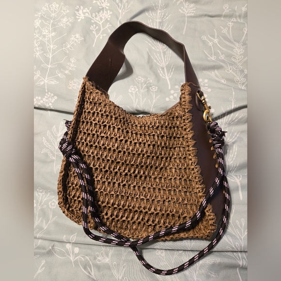 American Eagle Outfitters Handbags - American Eagle Outfitters Brown Woven Shoulder Bag with Black & Pink Strap